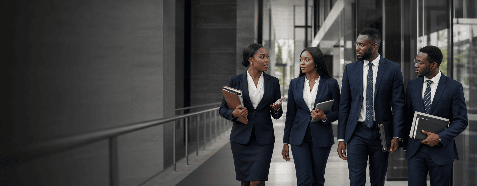 Ghanaian lawyers walking through a modern legal corridor